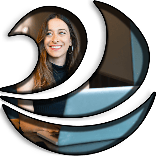 Hozio Inc. logo with professional woman using laptop for coworking space management.