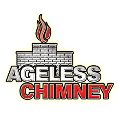 Burning chimney with flames above "Ageless Chimney" text logo for chimney maintenance services.