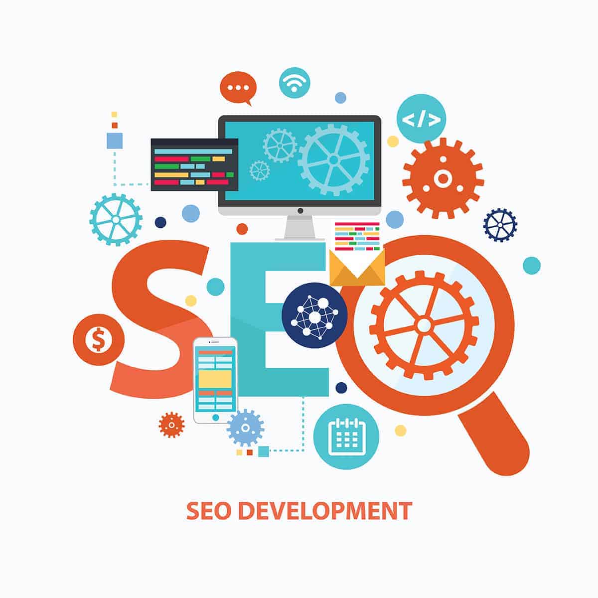 SEO optimization digital illustration with gears and computer for SEO development services.