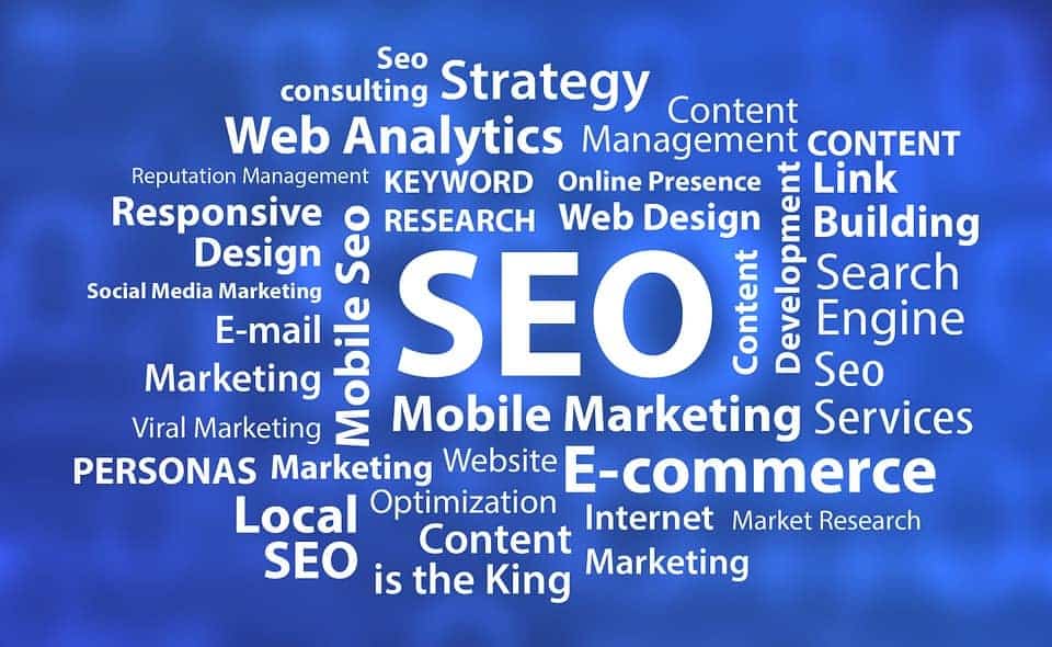 SEO digital marketing strategy word cloud, emphasizing SEO, web analytics, content marketing, e-commerce, and mobile marketing services.