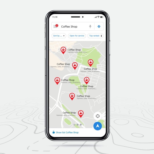 Coffee shop location map on mobile app, Hozio, Inc. geolocation services for coffee shops and local business listings, SEO optimized image.