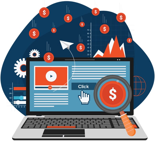 Click-based digital marketing analytics with dollar signs, video play button, and online advertising concept.