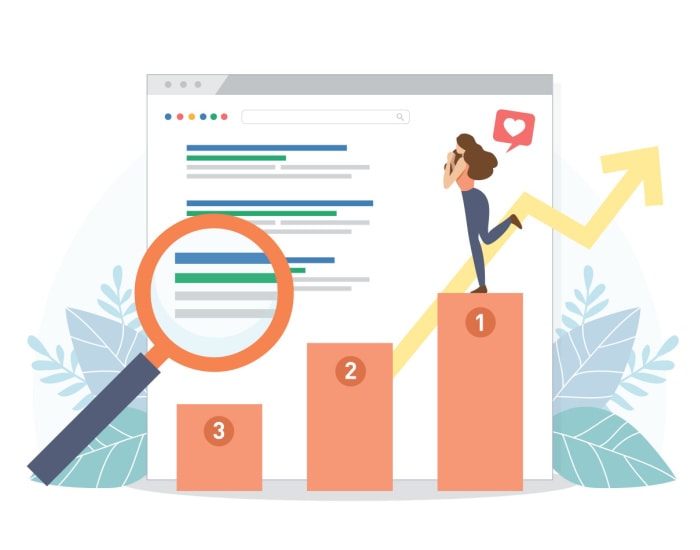 Optimized search engine ranking growth illustration with rising graph and magnifying glass.