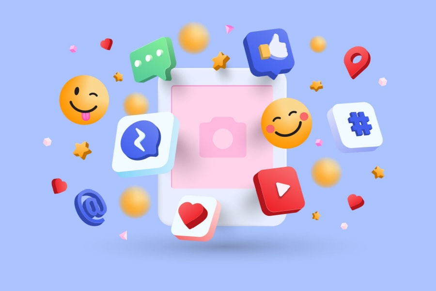 Smiling emojis and social media icons surrounding a pink-centered mobile device.
