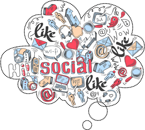 Humans connected through social media icons and digital communication symbols, emphasizing social networking.