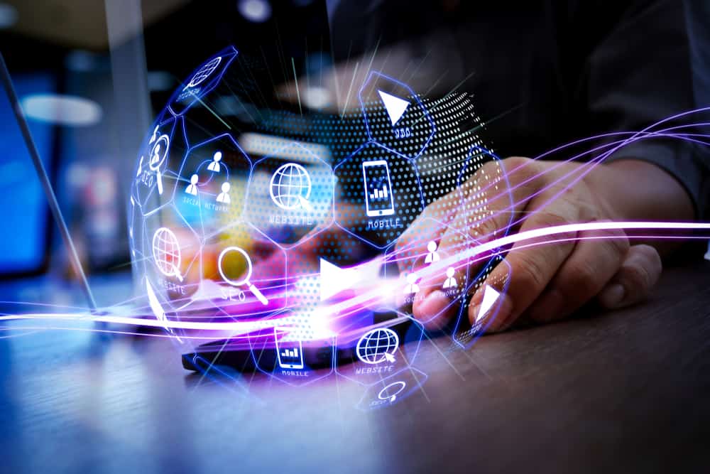 Futuristic digital interface with icons for SEO, mobile, website, and search tools.