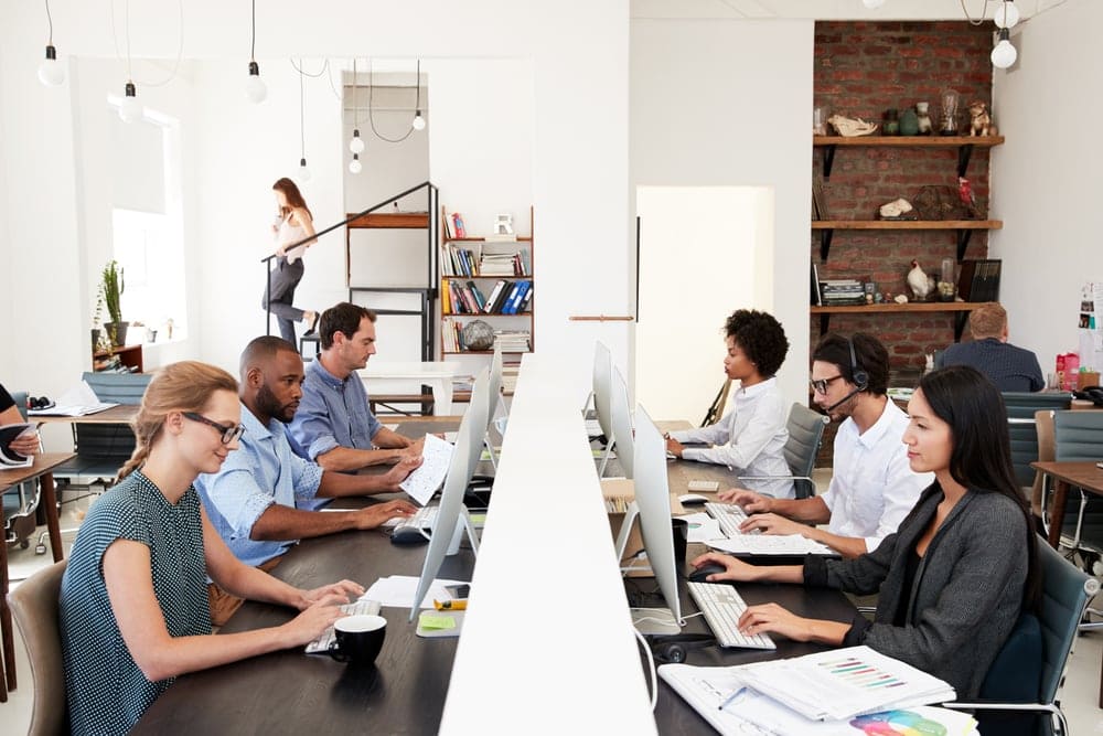 Office workspace with diverse employees working on computers at Hozio Inc.