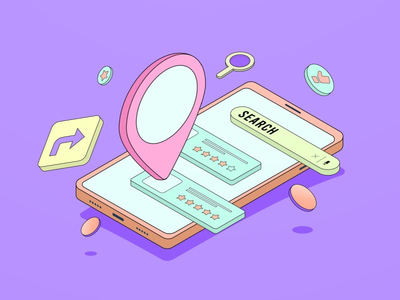 Search engine optimization mobile search illustration with smartphone and search bar.