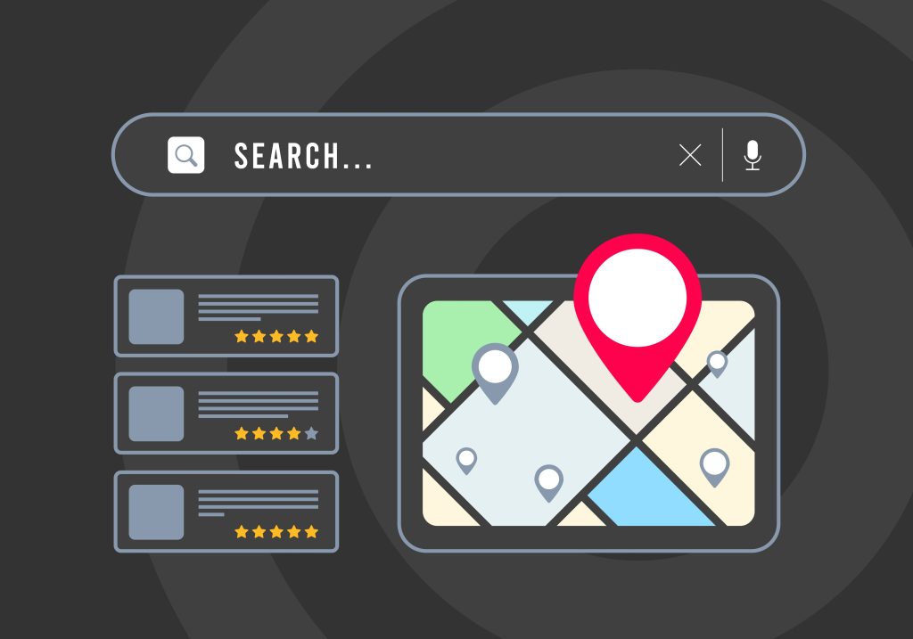 Map search interface with location markers for business listings - Hozio, Inc. focused on digital location services.