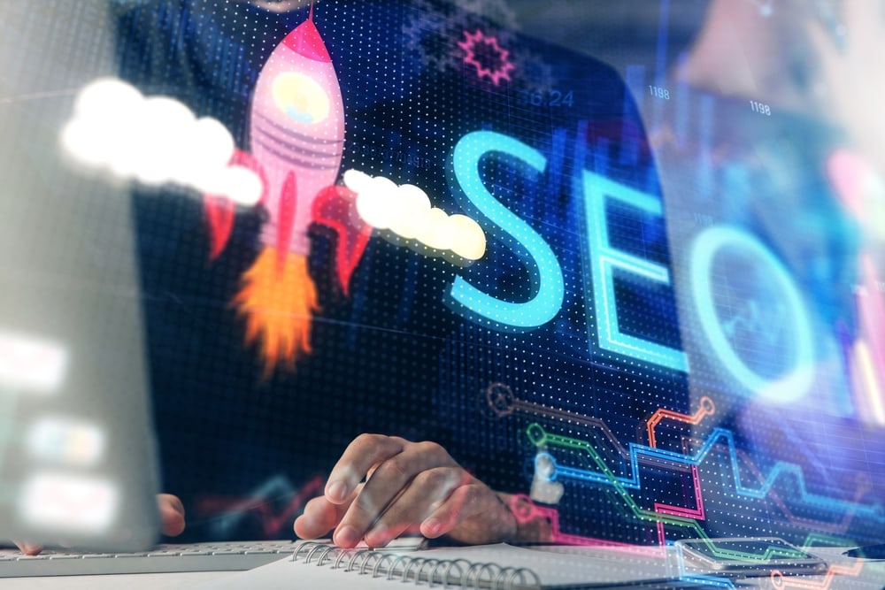 Rocket launch icon representing SEO growth on digital screen at Hozio Inc.