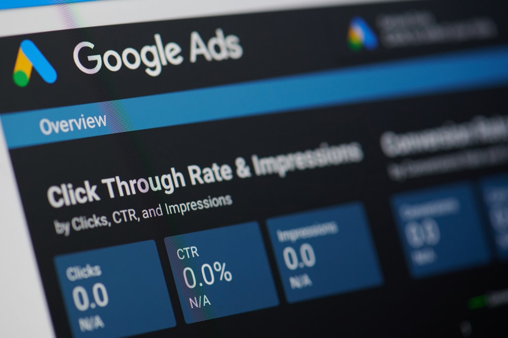 High-performance Google Ads dashboard showing click-through rates and impressions for digital marketing campaigns.