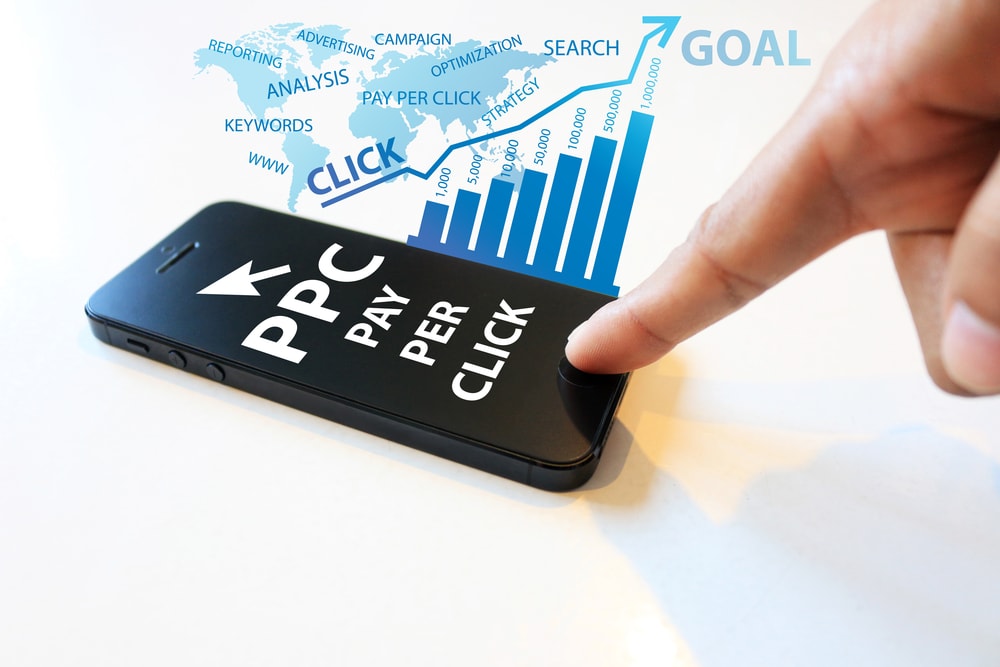 PPC Pay Per Click marketing on smartphone with growth chart and digital advertising keywords.