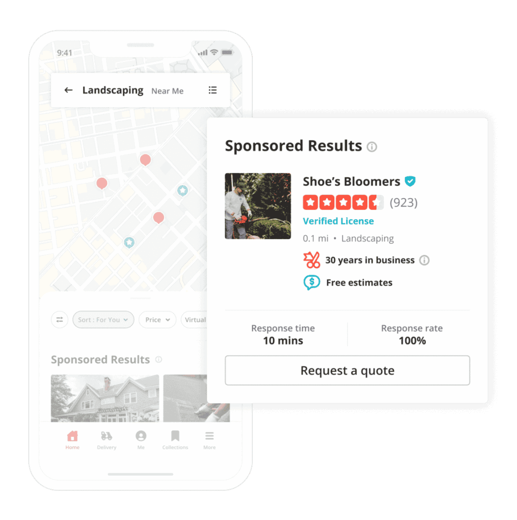 Smart landscaper app interface showcasing local business search and reviews for Hozio, Inc.