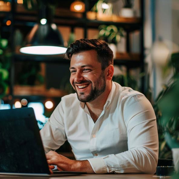 Man smiling while working on a laptop in a modern office environment.