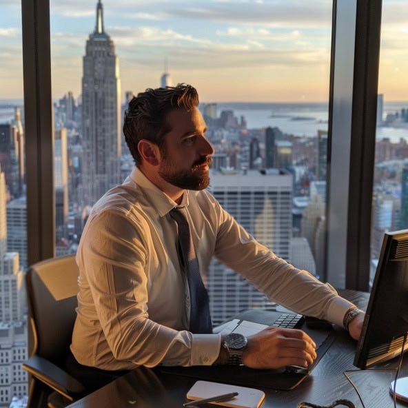 City skyline view from modern office with businessman working on computer at sunset.