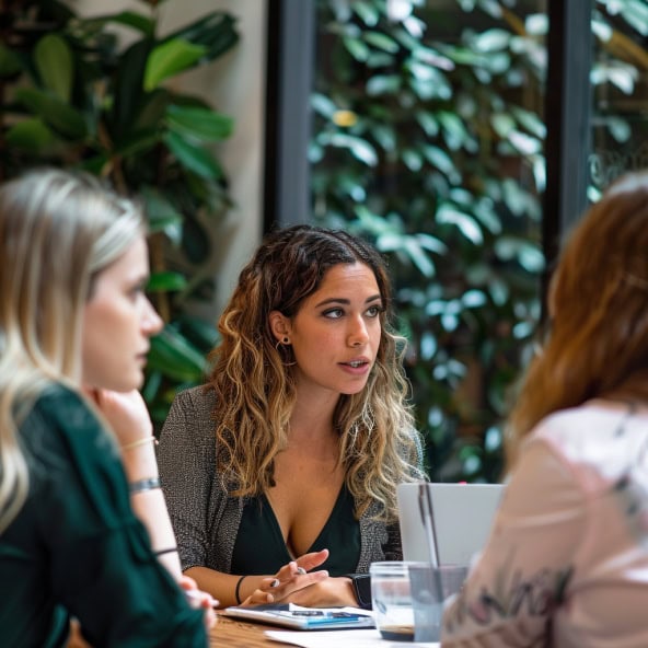 Businesswomen in a meeting discussing strategies at a modern office table.