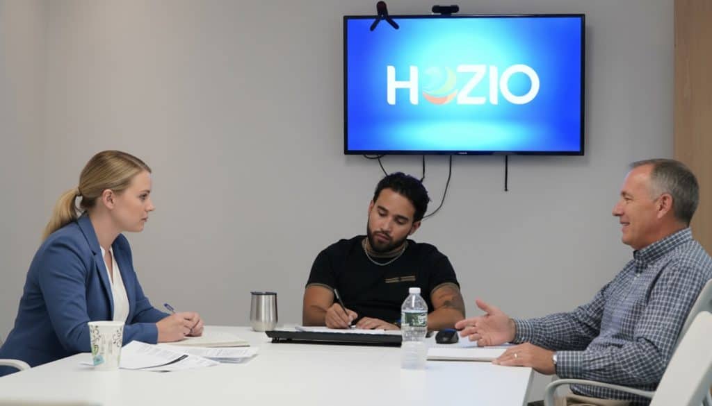 Hozio corporate team meeting with logo on screen in modern office setting.