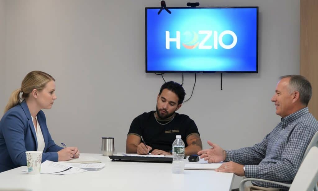 Hozio logo displayed on a wall-mounted screen during a team meeting at Hozio, Inc.