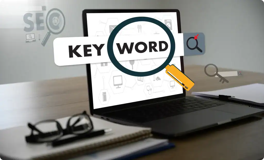 Keyword research, SEO optimization, digital marketing strategy, online search tools, Hozio Inc. logo on laptop screen, modern workspace, keyword analysis concepts.