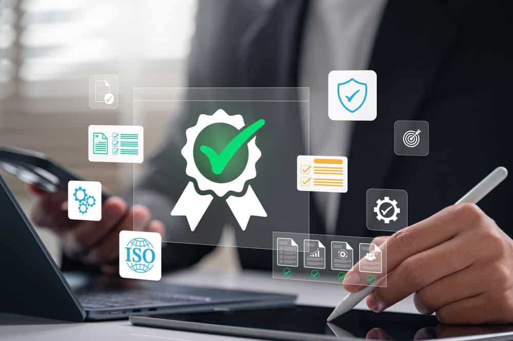 ISO certification and quality assurance icons on digital interface, representing compliance and standards.