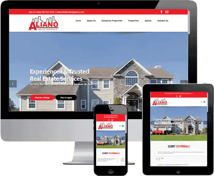 A real estate website, Aliano Real Estate, is displayed on a desktop monitor, tablet, and smartphone. The homepage shows a large house image, navigation menu, and the company logo, highlighting a responsive web design.