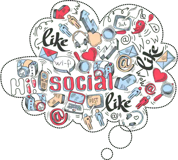 A thought bubble filled with hand-drawn icons related to social media, including cameras, hearts, emails, laptops, people, speech bubbles, and the word &ldquo;social&rdquo; in the center.